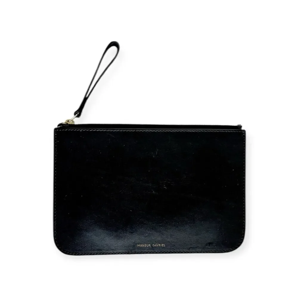 Mansur Gavriel Black Leather Zip Pouch Clutch Gold Interior Wrist Strap - Picture 5 of 7